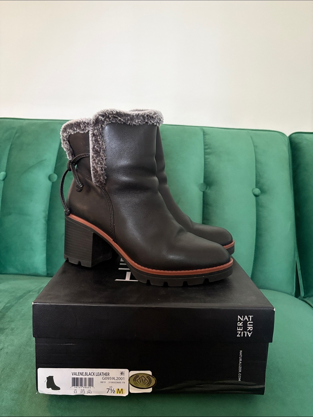 Naturalizer Black Leather Fur-Cuff Block Heel Ankle Boots